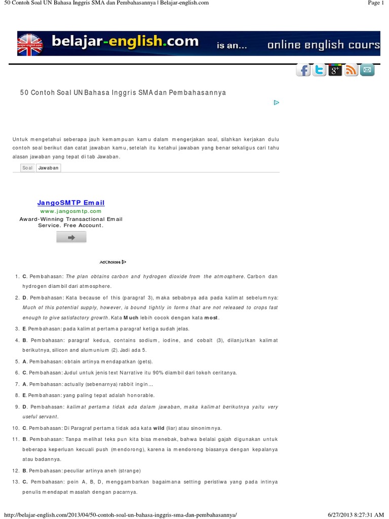 50 Contoh Soal UN Bahasa Inggris SMA Dan Pembahasannya 50 Contoh Soal UN Bahasa Inggris SMA Dan Pembahasannya