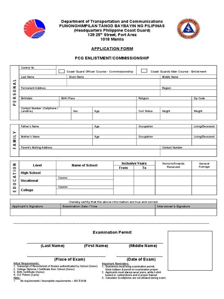 APPLICATION FORM FOR PHILIPPINES COAST GUARD