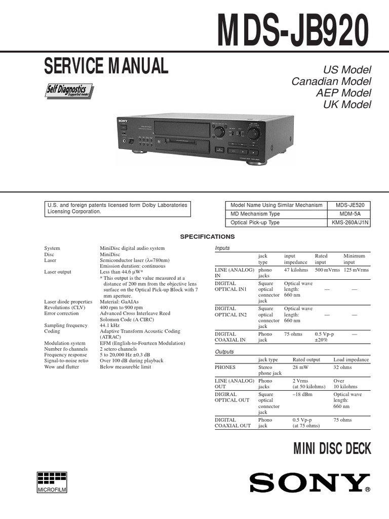 Sony Mds Jb920 Service Manual | PDF | Electrical Engineering