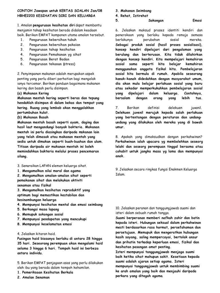 Contoh Jawapan Hbhe2203 Kesihatan Diri Dan Keluarga Pdf