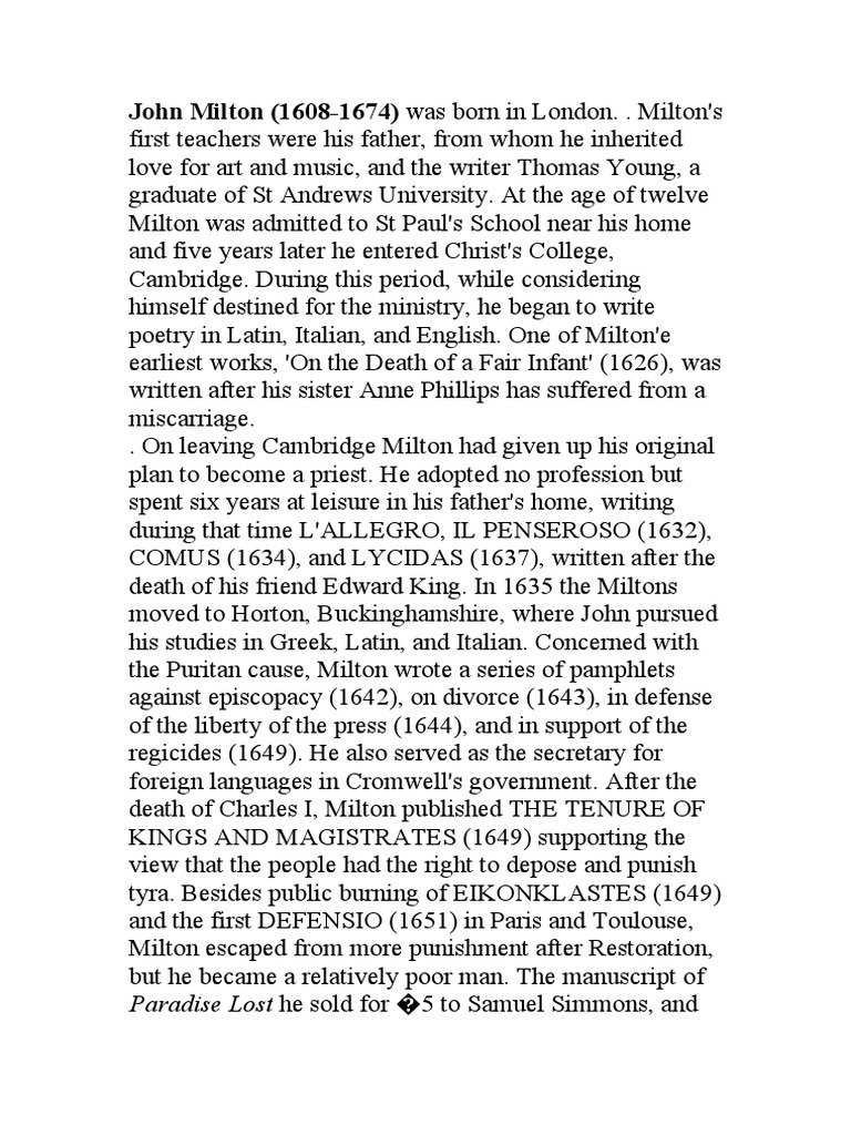John Milton (16081674) Was Born in London. Milton's Paradise Lost