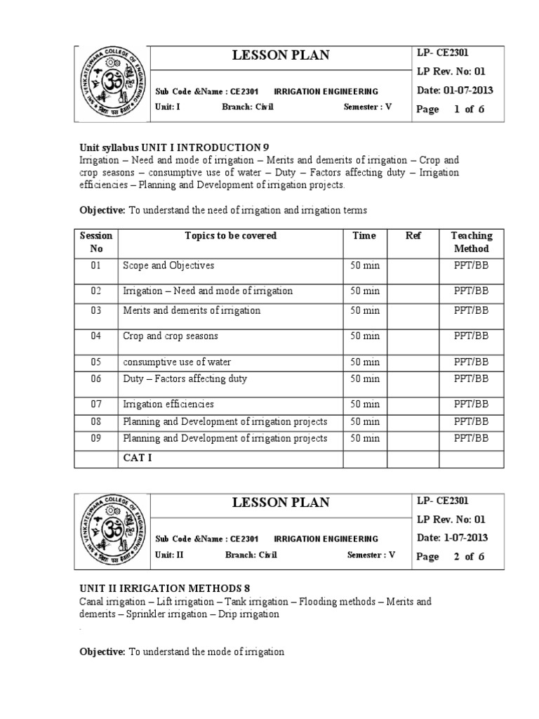Lesson Plan: Sub Code &name: Unit: I Branch: Civil Semester: V | PDF ...