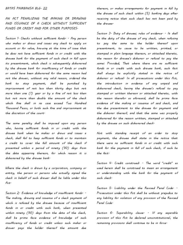 Bp 22 Bouncing Checks Law Pdf Fine Penalty Cheque