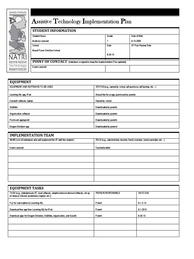 A T I P: Ssistive Echnology Mplementation Lan | PDF | Special Education ...