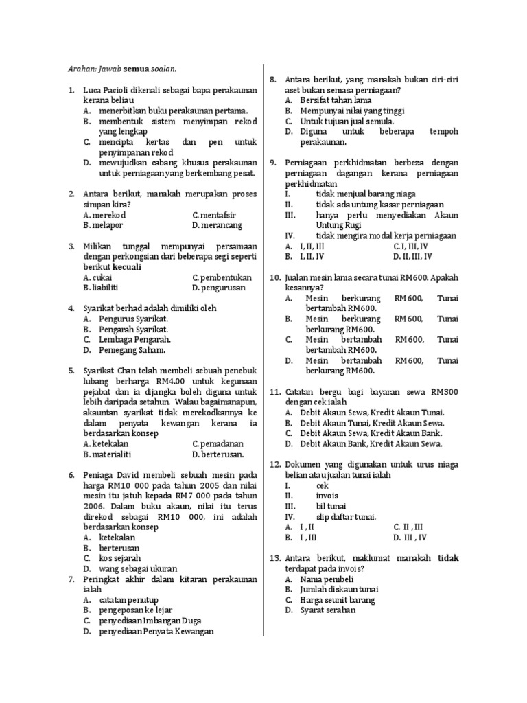 Soalan Prinsip Perakaunan Kertas 1 Tingkatan 4