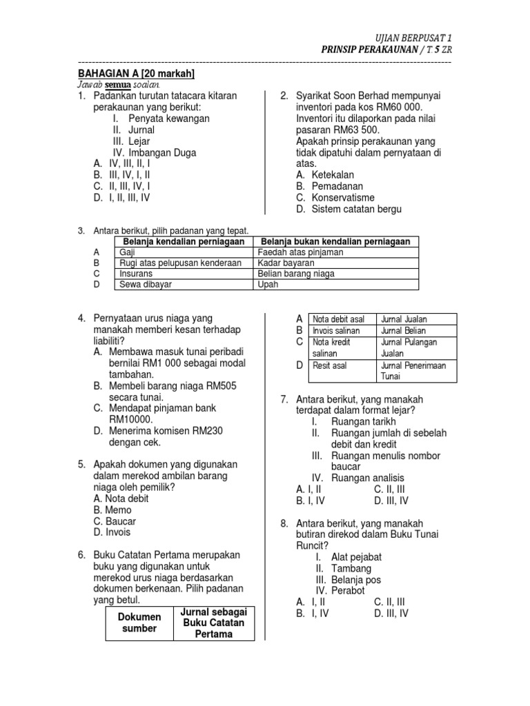 Soalan ujian prinsip perakaunan kertas 1 tingkatan 5