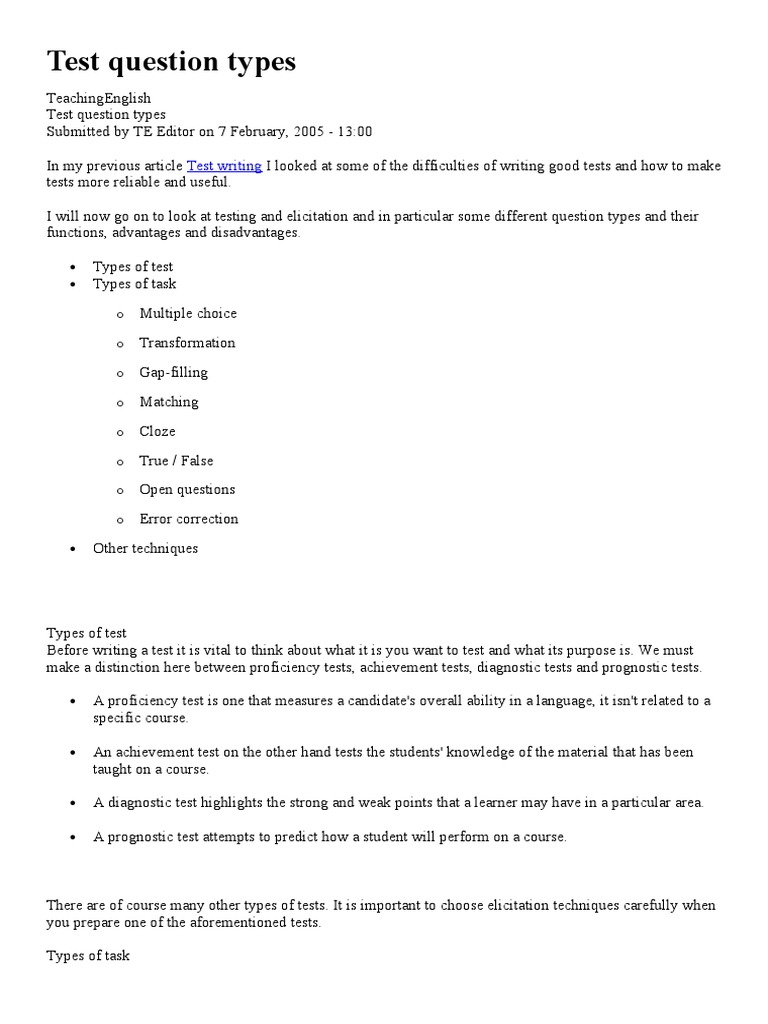 Test Question Types PDF Multiple Choice Test (Assessment)