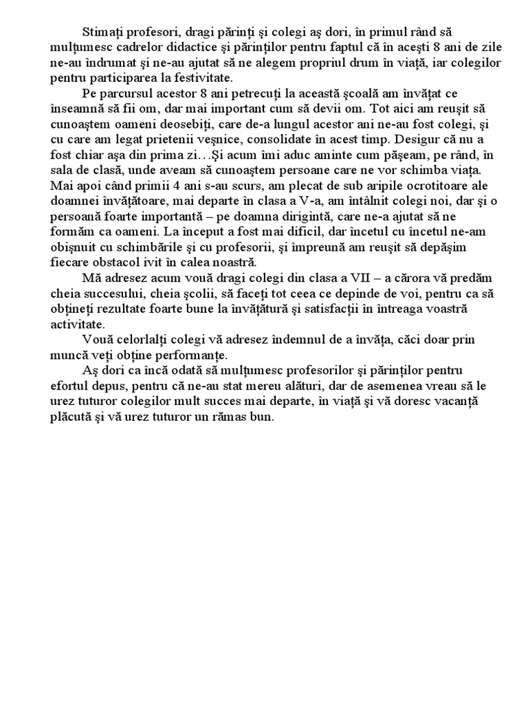 Discurs Sfarsit de Clasa a VIII-A