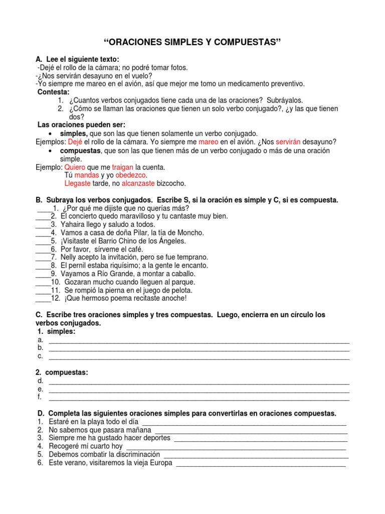 Ejercicios de Oraciones Simples y Compuestas | PDF | Artes del Lenguaje ...