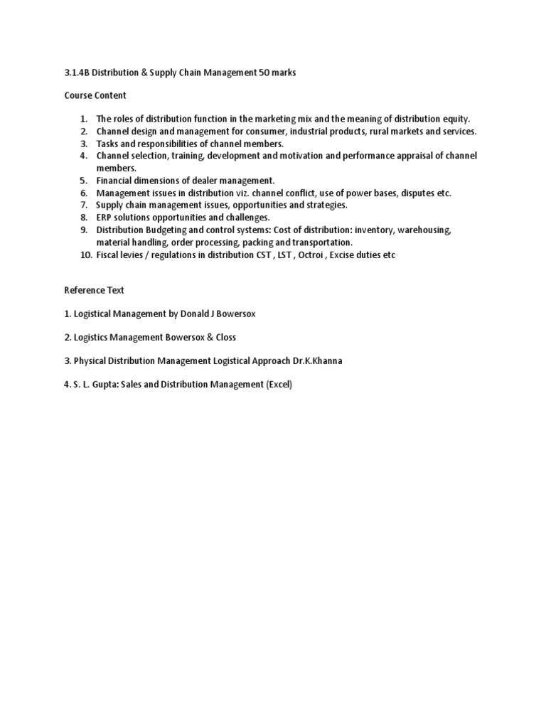 Distribution and Supply Chain Management Syllabus PDF