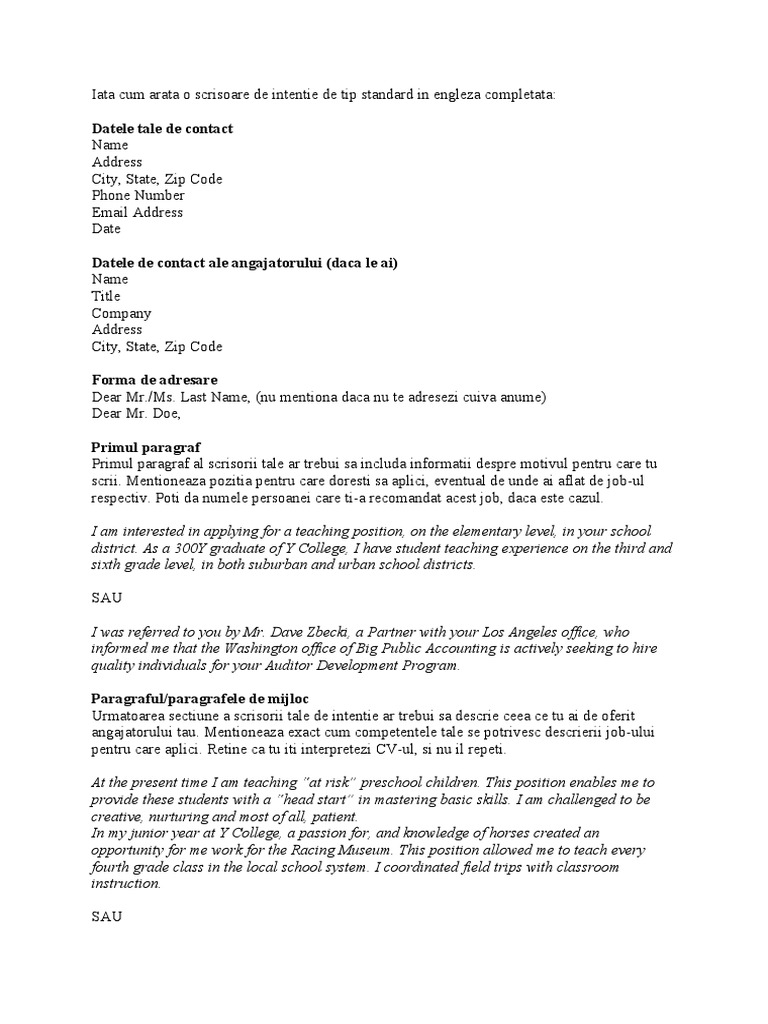 MODEL Scrisoare de Intentie Engleza-completat | Accounting | Academia