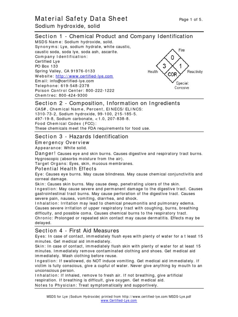 MSDS Naoh | PDF | Sodium Hydroxide | Magnesium