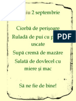 2 Septembrie Ciorbă de Perișoare Ruladă de Pui Cu Prune Uscate Supă Cremă de Mazăre Salată de Dovlecel Cu Miere Și Mac Să Ne Fie de Bine!