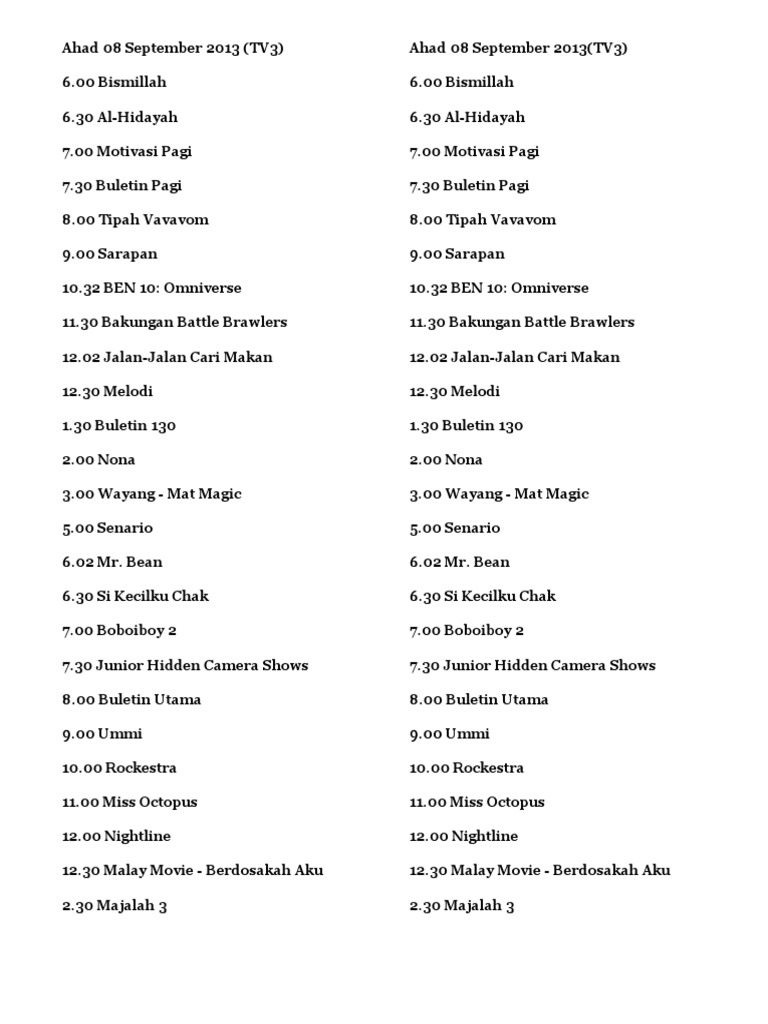 Info Rancangan Tv3 Hari Ini