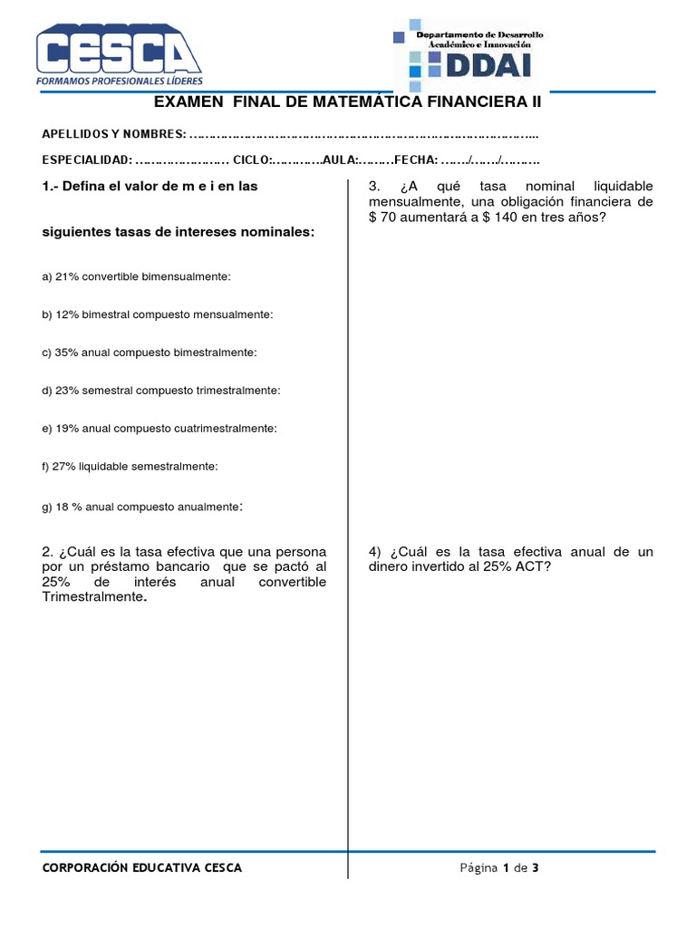 Examen Final Matemática Financiera II | PDF | Finanzas y dinero | Derecho