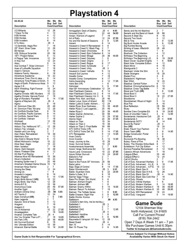 Sony Playstation 4 Game Dude Price List PDF Leisure Minecraft