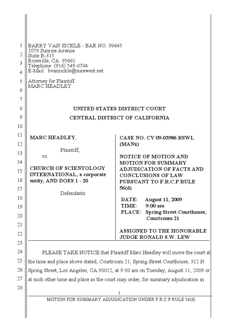 Motion For Summary Adjudication PDF Overtime United States Labor Law