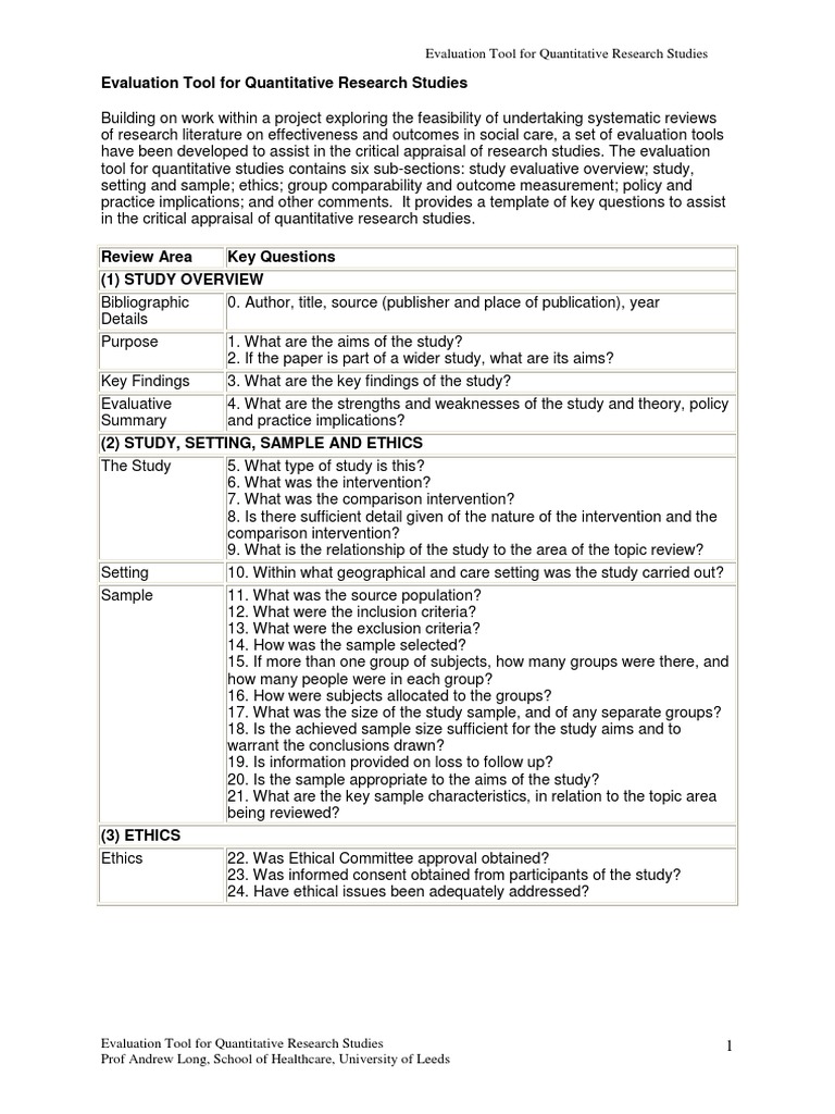 Evaluation Tool For Quantitative Research Studies PDF Quantitative