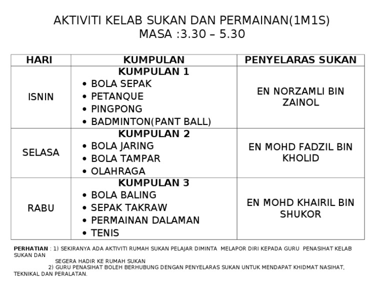 Aktiviti Kelab Sukan Dan Permainan 2013 Pdf