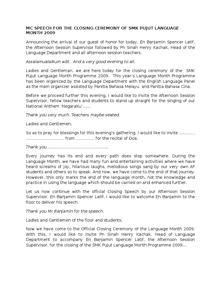 Mc Speech For The Closing Ceremony Of Smk Pujut Language Month 2009 Pdf Leisure
