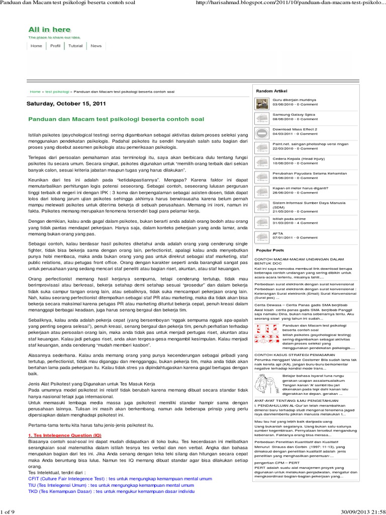 Panduan Dan Macam Test Psikologi Beserta Contoh Soal