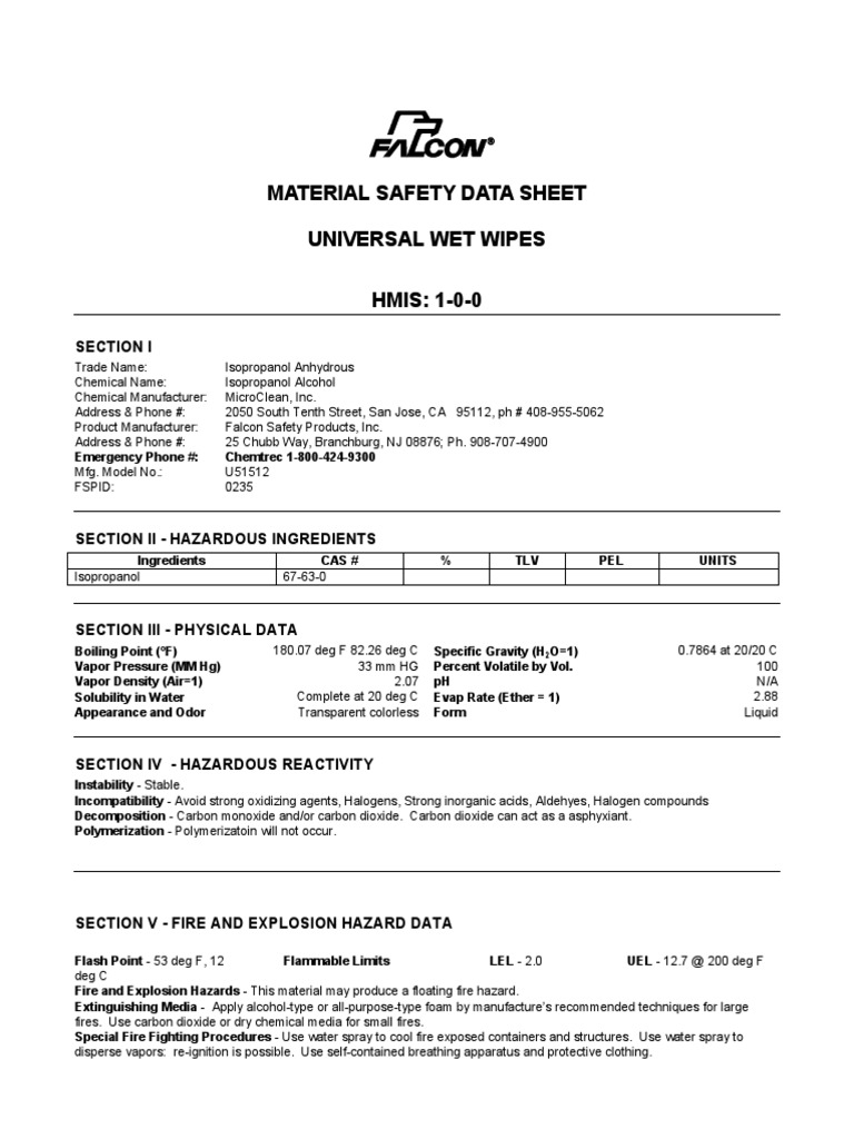 Material Safety Data Sheet Universal Wet Wipes HMIS: 1-0-0: Section I ...