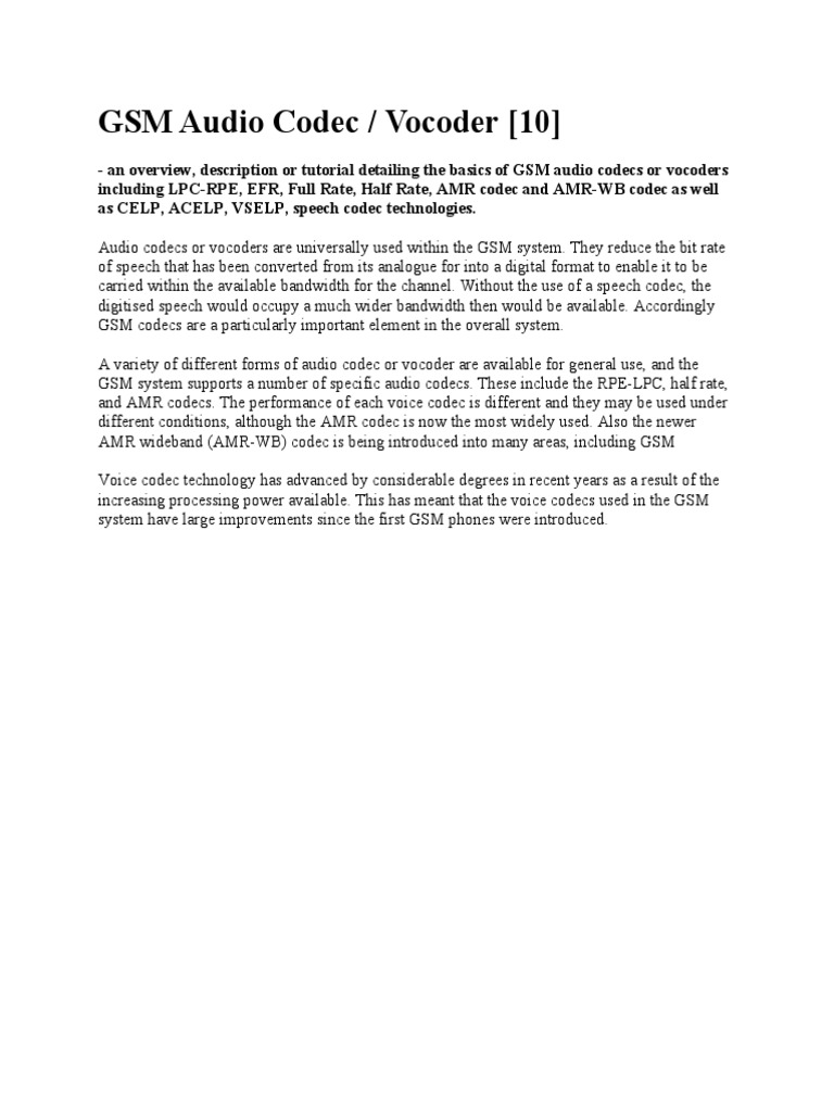 Overview of GSM Audio Codecs and Vocoders | PDF