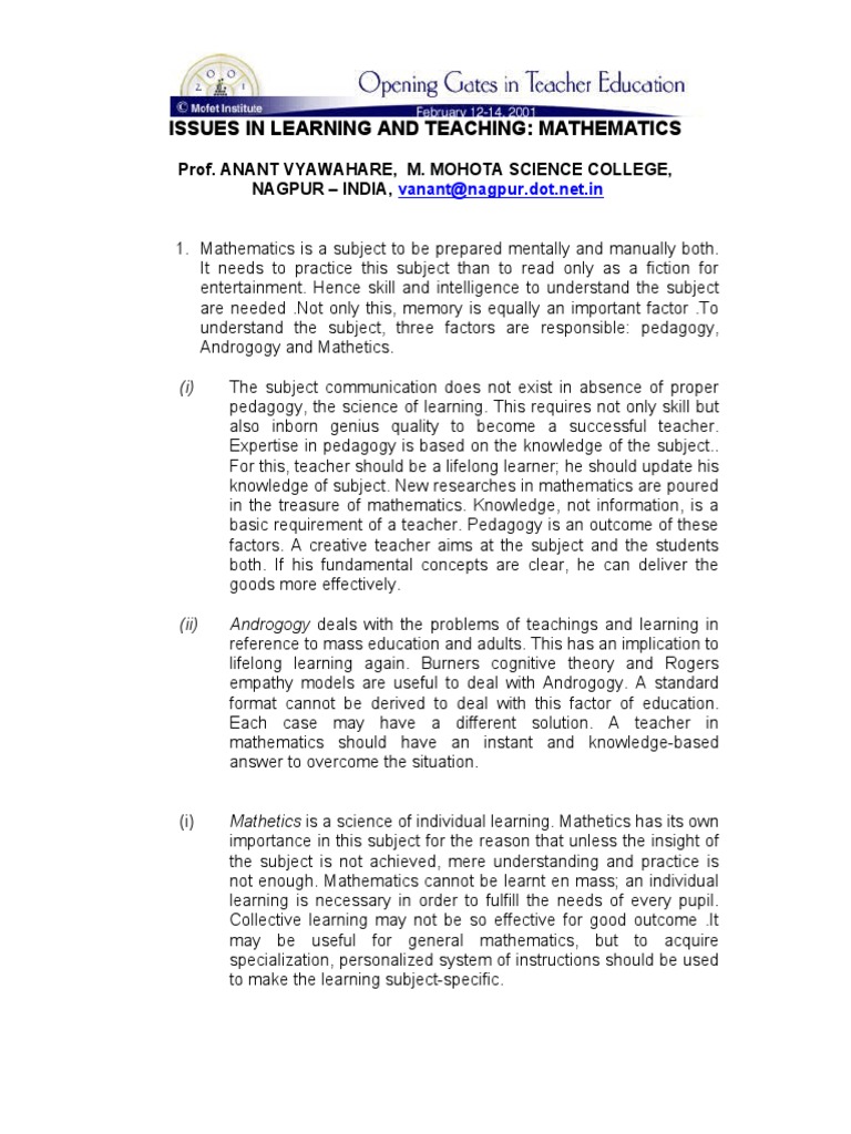 Teaching and Learning Mathematics 1 | PDF | Teaching Mathematics | Learning