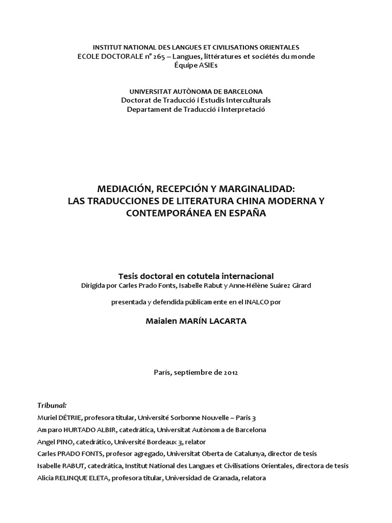 Maialen Marin Lacarta Mediacion Recepcion Y Marginalidad Traductions Litterature Chinoise