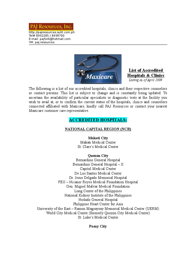 List of Accredited Hospitals and Clinics- for web