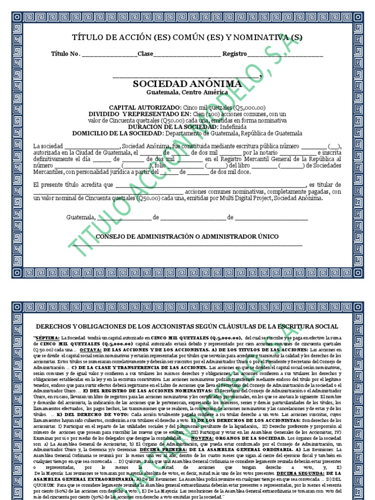 TÍTULO DE ACCIÓN MERCANTIL (Modelo) Participación