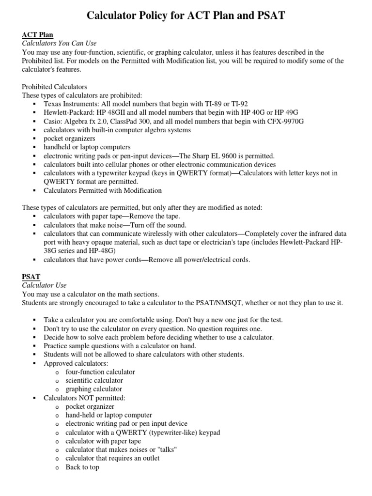 Calculator Policy For ACT Plan and PSAT Calculators You Can Use PDF