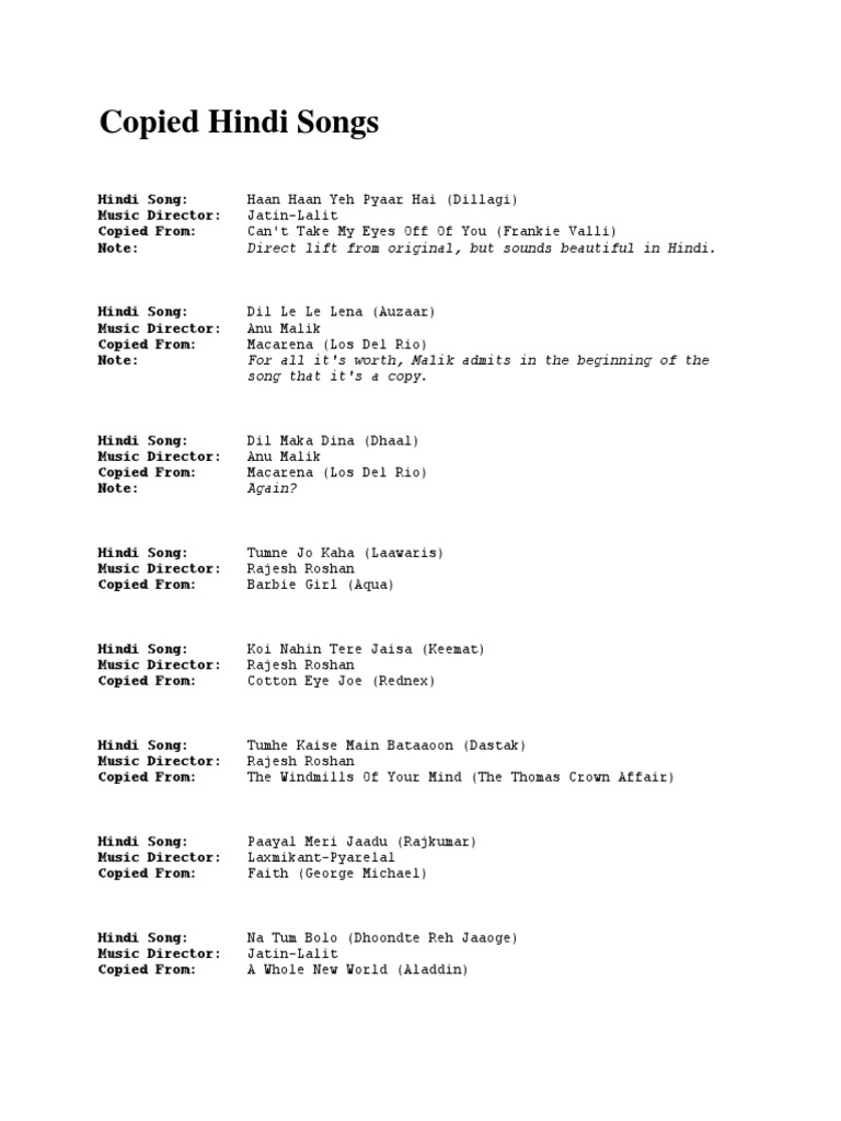 Copied Hindi Songs PDF Bollywood