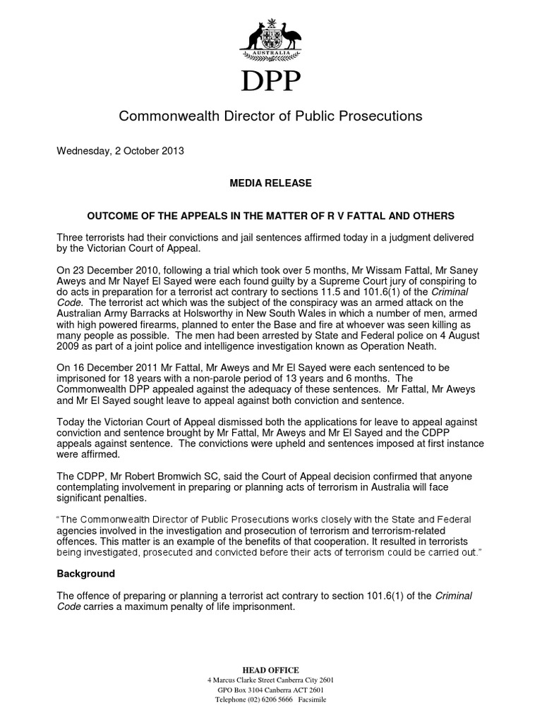 Commonwealth Director of Public Prosecutions Media Release PDF Appeal Sentence (Law)