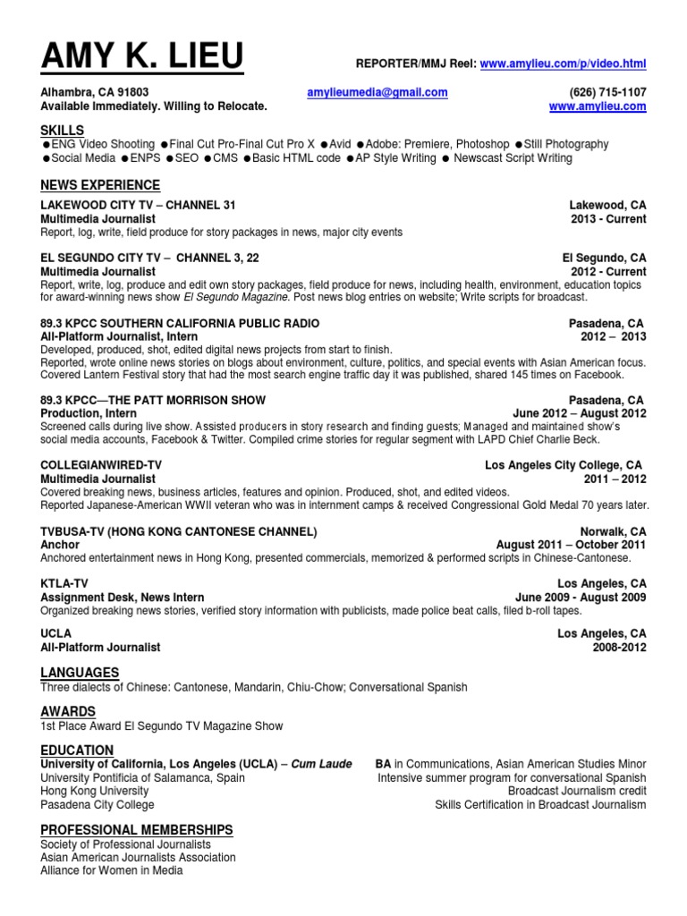 Amy K Lieu Resume MMJ Reporter  PDF  News  Broadcast Journalism