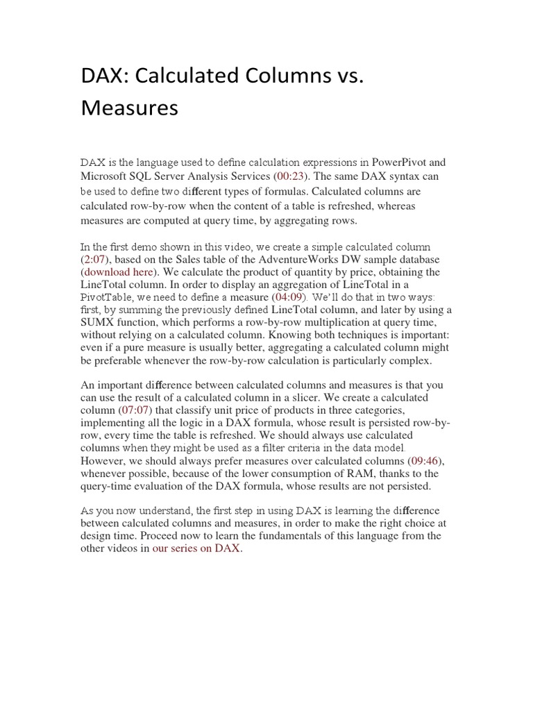 DAX: Calculated Columns vs. Measures | PDF | Computers | Teaching ...