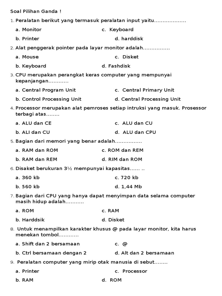 Soal Pilihan Ganda Informatika Kelas 7 | PDF | Komputer