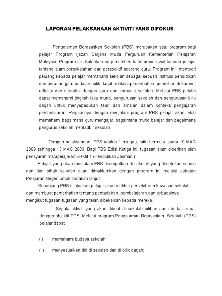 Laporan Pelaksanaan Aktiviti Yang Difokus