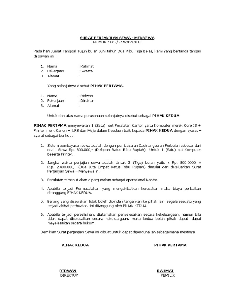 Surat Sewa Komputer Dan Printer Doc