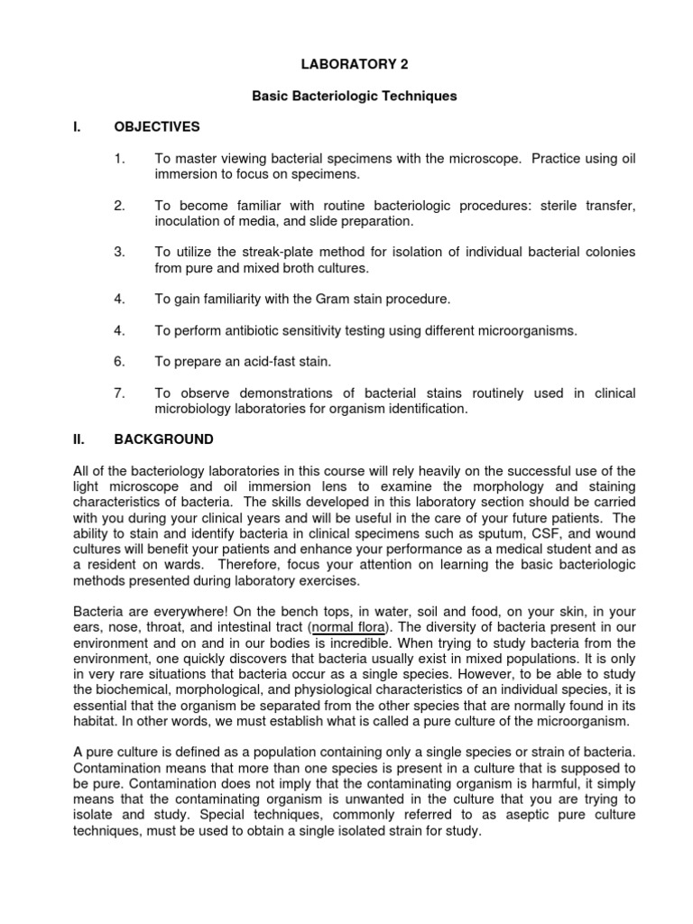 Laboratory 2 Basic Bacteriologic Techniques I. Objectives | PDF ...