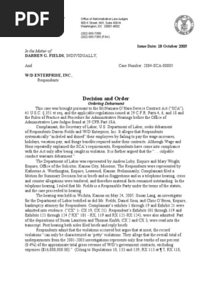 Department of Labor: WAGE and HOUR DIVISI v WD ENTERPRISES INC 2004SCA00005 (OCT 18 2005) 121046 CADEC SD