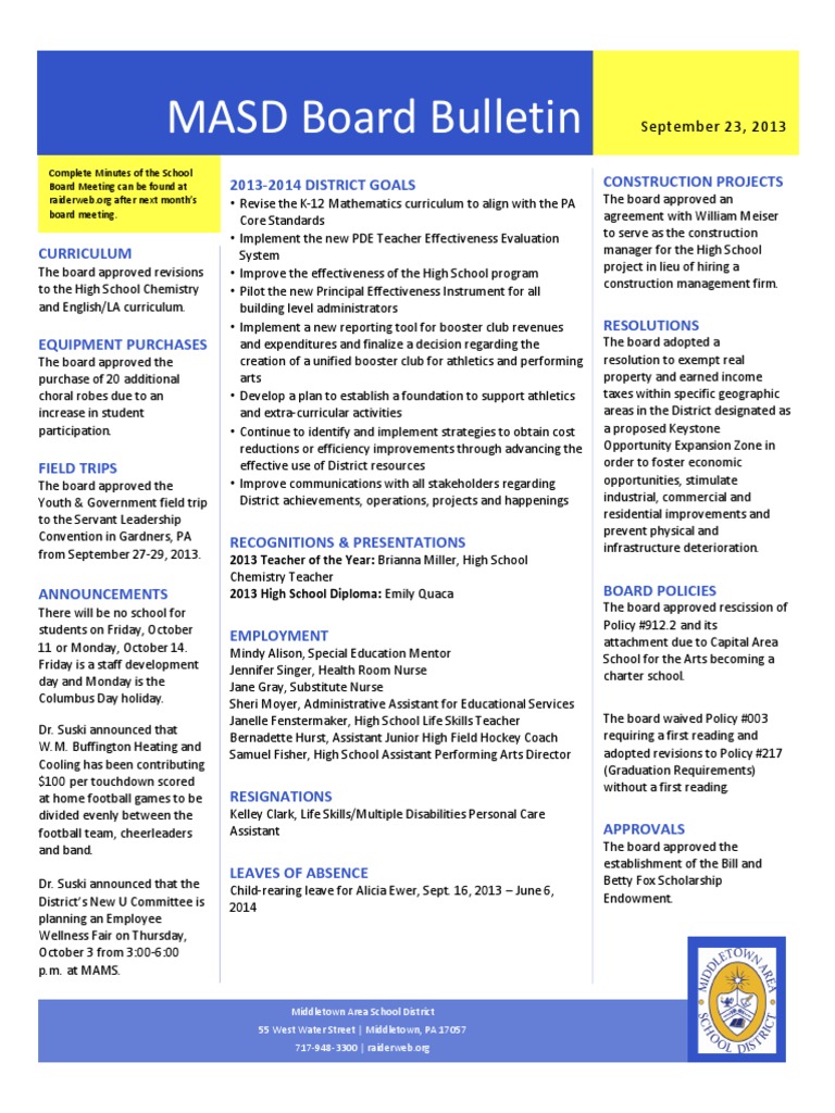 Middletown School District Board Updates | PDF | Curriculum | Further ...