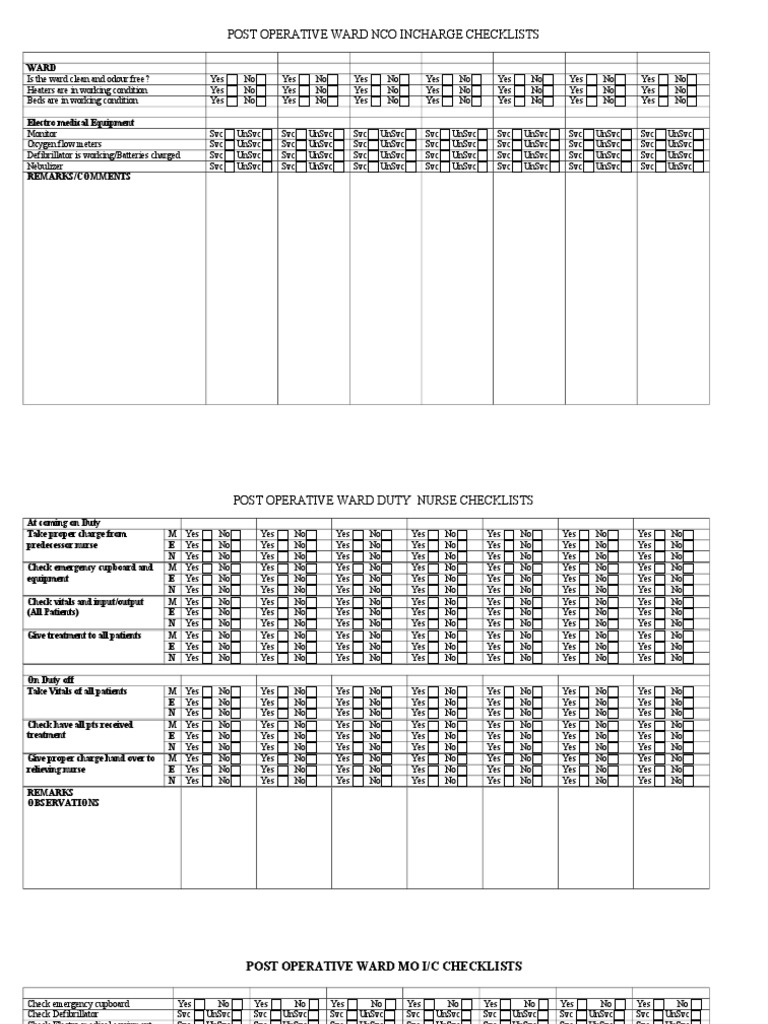 Post-Operative Ward NCO Checklist | PDF | Medicine | Health Care