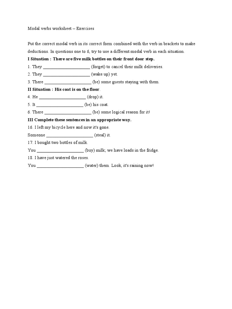 Modal Verbs Worksheet Exercises | PDF | Language Arts & Discipline ...