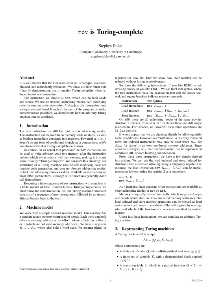 Mov is Turing Complete Instruction Set Digital Electronics