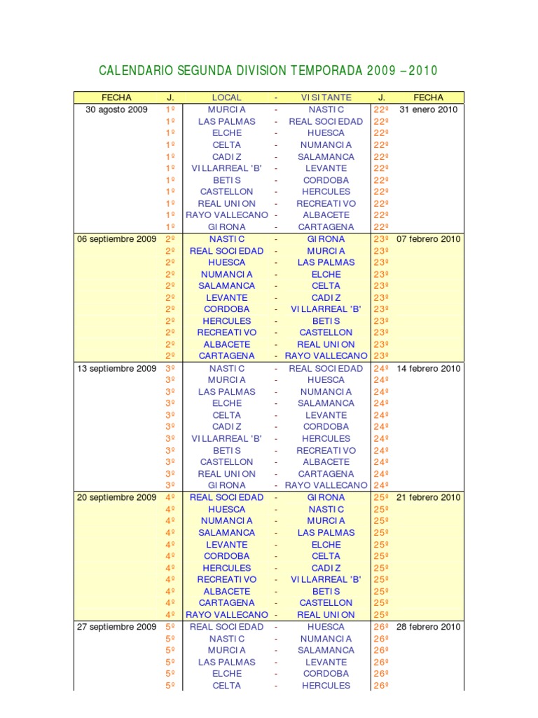 Calendario Segunda Division 2009/2010 PDF Clubes deportivos