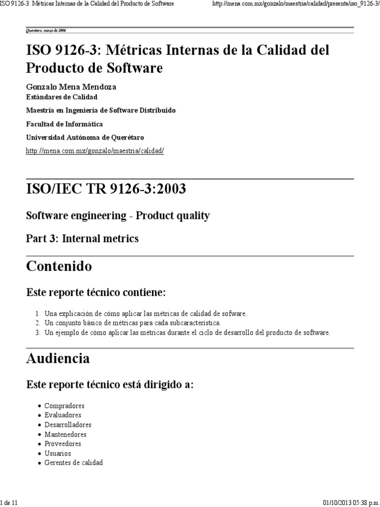 Métricas ISO 9126-3 para Calidad de Software | PDF | Calidad (comercial ...