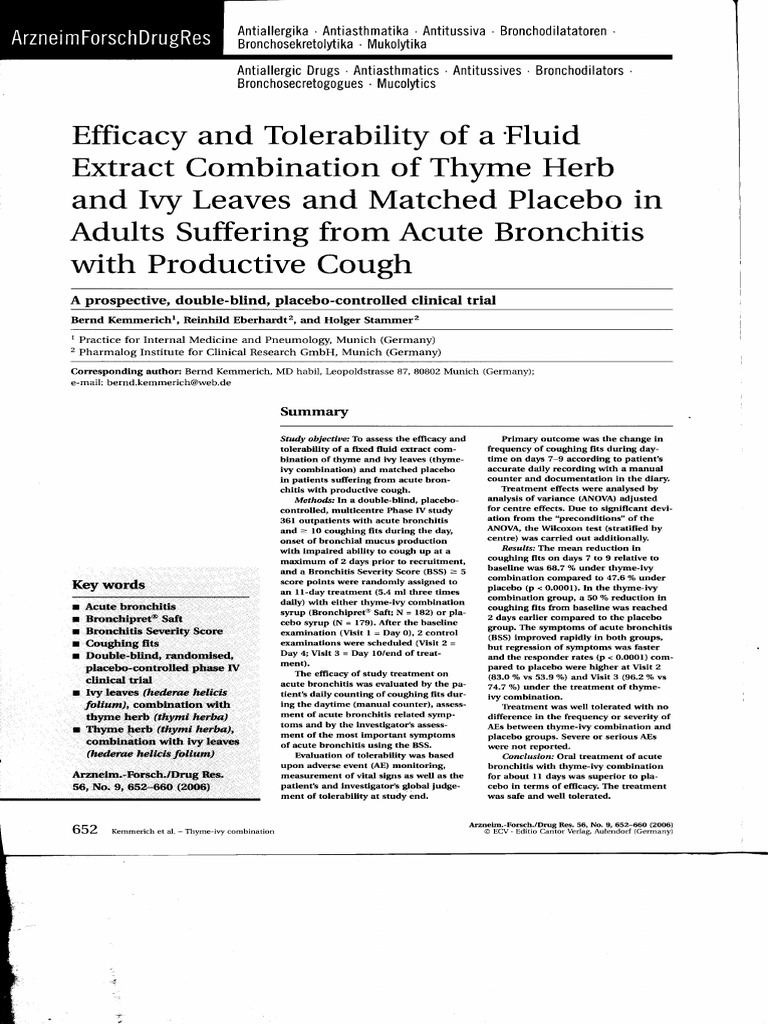 Efficacy and Tolerability of A Fluid Extract Combination of Thyme Herb