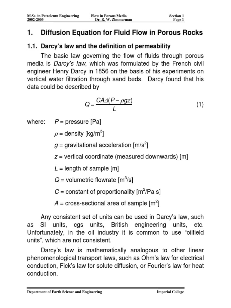 Fluid Flow in Porous Media - Imperial College | PDF | Permeability ...