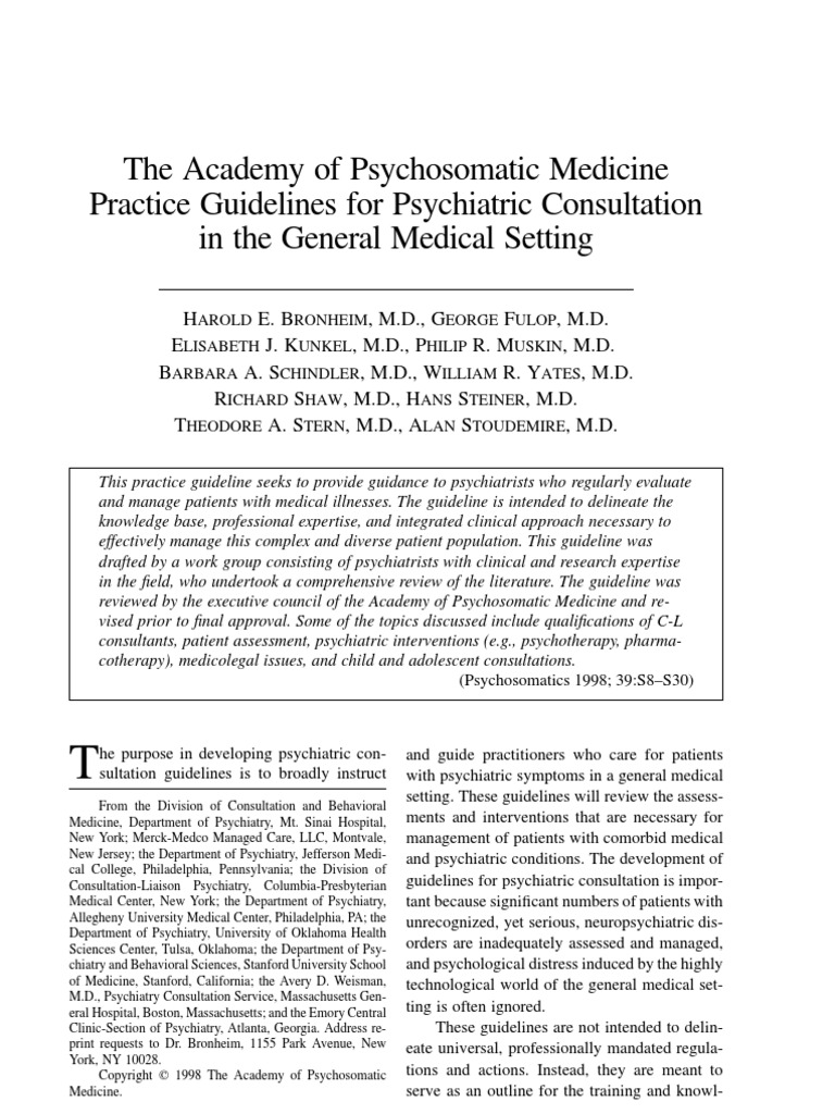 practice guidelines for psychiatric consultation in the general medical setting Physical